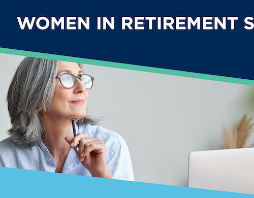 An older women looks out at her desk.She is sitting in front of a computer. There are two triangles color, dark blue and teal. The image has text that reads Women in Retirement Series Read More