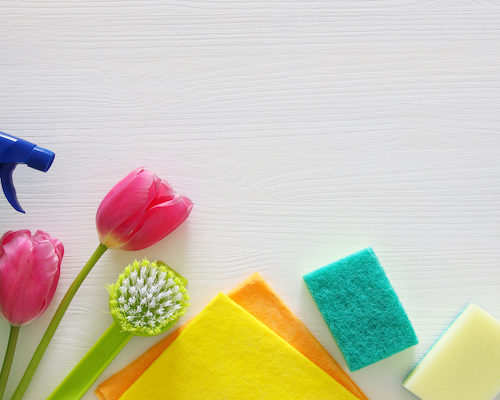Multicolored cleaning supplies along with flowers to connote spring cleaning.
