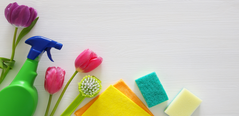 Multicolored cleaning supplies along with flowers to connote spring cleaning.
